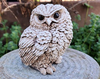 White Brown Concrete Owl , Distressed Rustic Outdoor Decor Cottagecore Shelf Accent