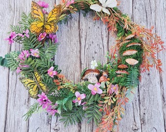 Woodland Wreath with Mushrooms and Butterflies, 16x16 Nature Inspired Grapevine Wreath