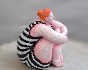 Concrete Woman Figurine 3.5 Inch Body Positive Sculpture Painted Statue Indoor Outdoor Art