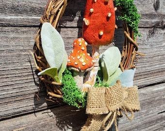 Mini Mushroom Wreath 6x6 Rustic Woodland Decor Fairy Garden Wall Hanging Burlap Bow