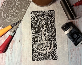 Our Lady of Guadalupe Linocut print on Mulberry Paper Texas Inspired Black&White 9x4.5