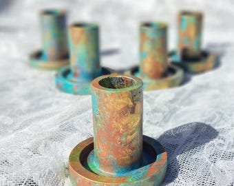 Concrete Candlestick Holder, Rustic Patina Finish, Turquoise Copper Accents 3 inch high