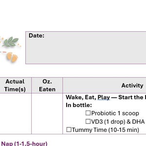 May include: A baby's daily schedule template with a soft color palette. The top features a bear, rainbow, and moon graphic with the text "Calm in the chaos." The schedule includes time slots for activities like eating, playing, and napping.