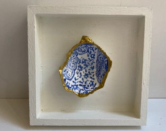 Oyster Shell 4x4 Shadow Box Wall Hanging | Wall Decor | Coastal Design | Beach House Decoration-Blue Paisley