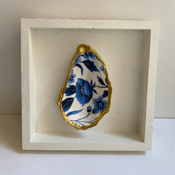 Oyster Shell 4x4 Shadow Box Wall Hanging | Wall Decor | Coastal Design | Beach House Decoration-Chinoiserie Blue