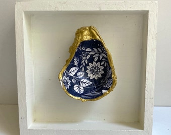 Oyster Shell 4x4 Shadow Box Wall Hanging | Wall Decor | Coastal Design | Beach House Decoration-Navy Floral