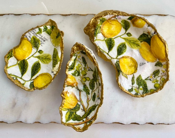 Oyster Shell Decor- Handmade Ring Dish, Bridesmaid Gifts, Engagement Ring Holder, Wedding Gift, Unique Gift, Shell Art, Lemon Print