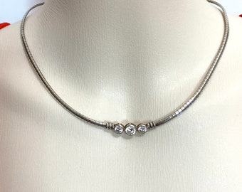 Modernist Sterling Silver Omega Choker Clear CZ Accents Necklace