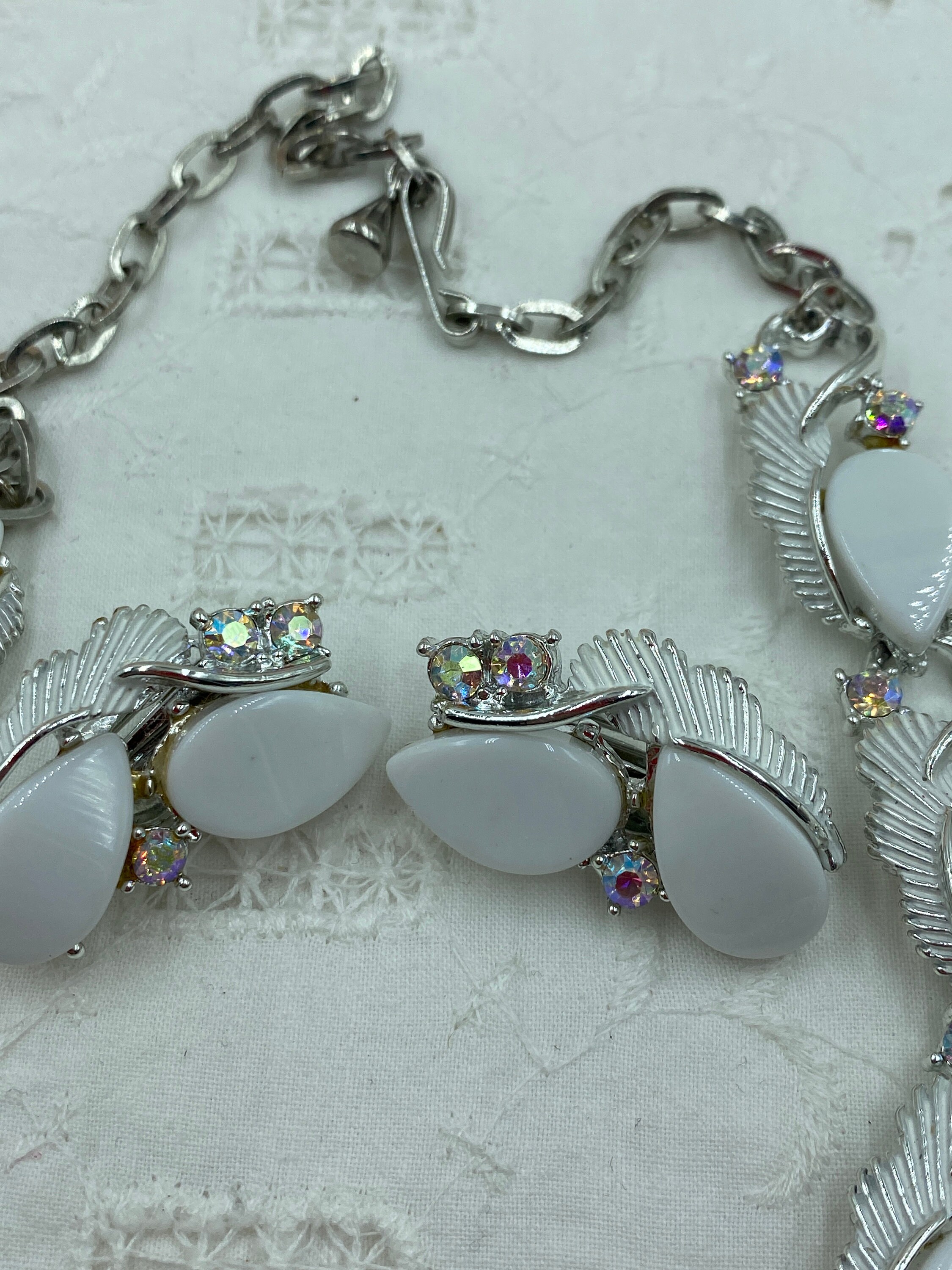 Vintage White Thermoset AB Rhinestones Set Necklace and Clip on ...