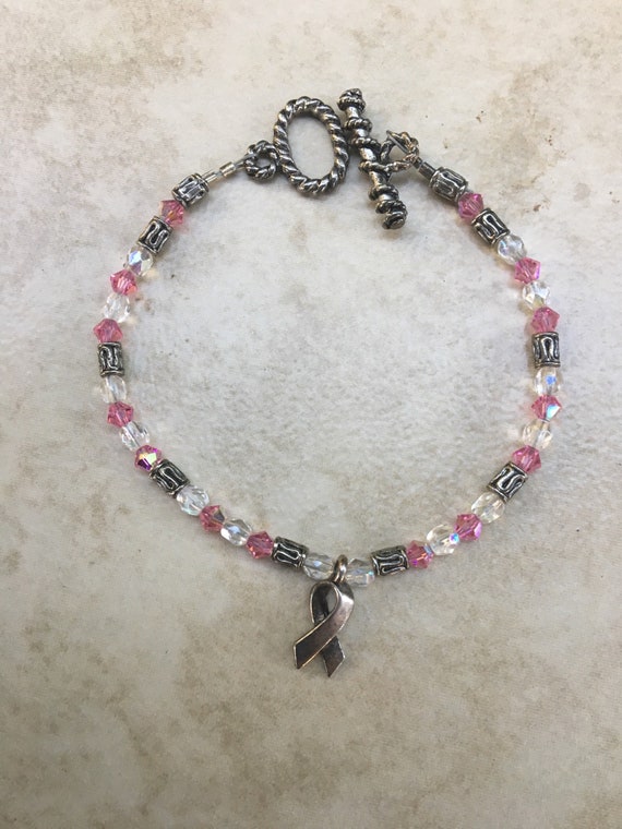 Sterling Silver Breast Cancer Awareness Pink And Clear Crystals Beaded Bracelet