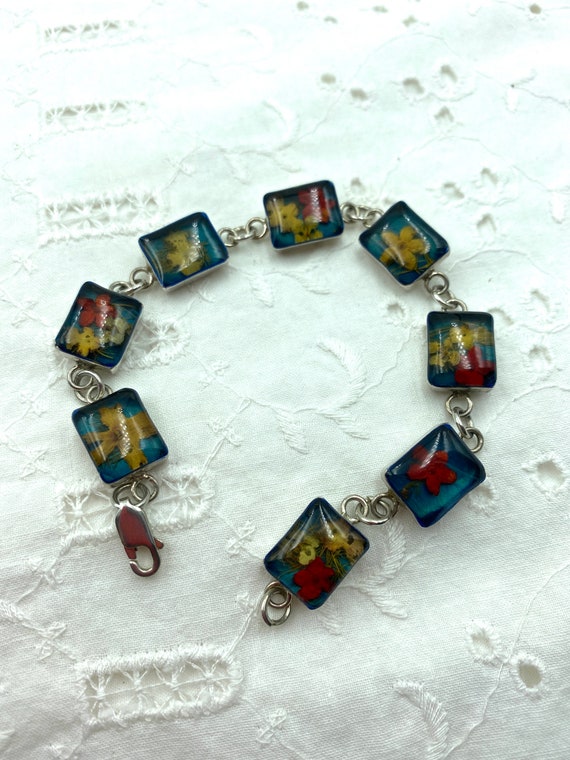 Mint, Yellow & Pink Mix Real Dried Flowers in Resin Bracelet main image 1