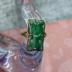 Handcrafted Vintage Carved Green Jade Sterling Silver Ring Size 8 Adjustable