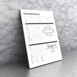 May include: A black and white checklist for used car inspections. The checklist includes categories for exterior, interior, and mechanical components. The form includes checkboxes for various items, such as scratches, dents, headlights, taillights, tire tread, and more.