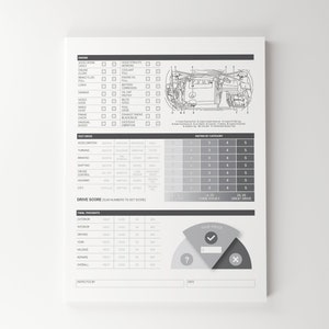 May include: A black and white checklist for a car inspection. The checklist includes categories for engine, test drive, and final thoughts. The checklist also includes a rating system for each category. The checklist is designed to help you assess the condition of a car before you buy it.