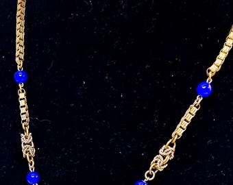 Neiger Style Cobalt Blue Necklace • Brass Filigree Czech Art Deco Jewelry