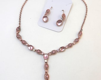 Vintage Nina Ricci Avon Rose Gold Tone Lavalier Necklace Pink Cabochons AB Crystals