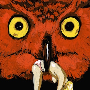 May include: A red owl with large yellow eyes is depicted with a person in a pink bikini hanging from its beak. The owl's beak is open and the person's head is bent down.