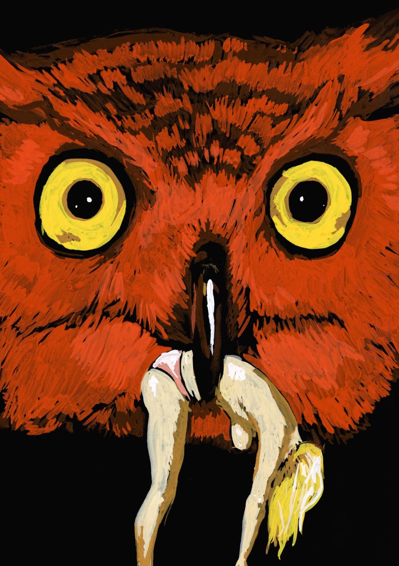 May include: A red owl with large yellow eyes is depicted with a person in a pink bikini hanging from its beak. The owl's beak is open and the person's head is bent down.
