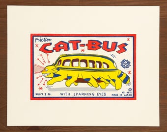 My Neighbor Totoro Cat Bus Print Vintage Toy Label Risograph Poster Gallery Studio Ghibli