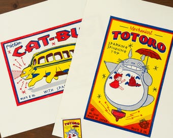 My Neighbor Totoro & Cat Bus 2 x Print Bundle Vintage Toy Label Risograph Poster Gallery Studio Ghibli