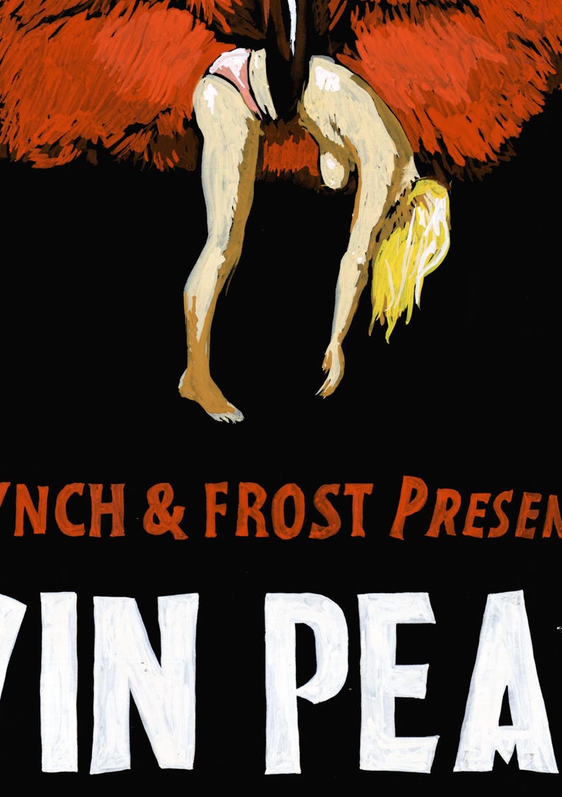 May include: A vintage poster advertising a show called "Vin Pea" with the text "Lynch & Frost Present" in orange lettering. The poster features a woman in a red feather boa hanging upside down.