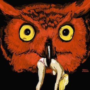 May include: A red owl with large yellow eyes is depicted with a woman's body hanging from its beak. The woman is wearing a pink bikini bottom and has blonde hair. The owl's beak is open and the woman's body is partially inside the owl's mouth. The image is a digital painting by Chris Wagner.