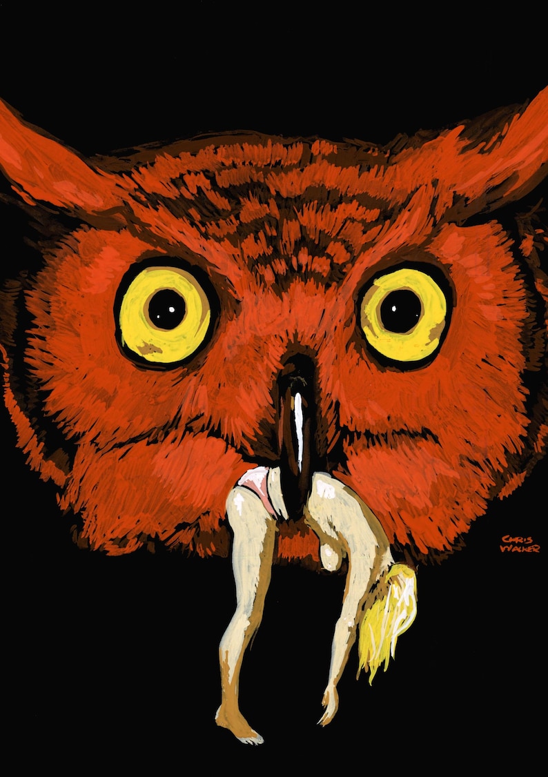 May include: A red owl with large yellow eyes is depicted with a woman's body hanging from its beak. The woman is wearing a pink bikini bottom and has blonde hair. The owl's beak is open and the woman's body is partially inside the owl's mouth. The image is a digital painting by Chris Wagner.