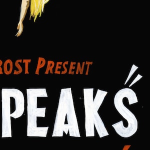 May include: A vintage poster advertising a detective mystery serial called "Peaks" presented by "Rost". The poster features a woman in a red dress falling from the sky, with the title text in white and the rest of the text in orange.