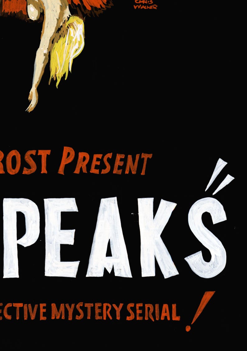 May include: A vintage poster advertising a detective mystery serial called "Peaks" presented by "Rost". The poster features a woman in a red dress falling from the sky, with the title text in white and the rest of the text in orange.