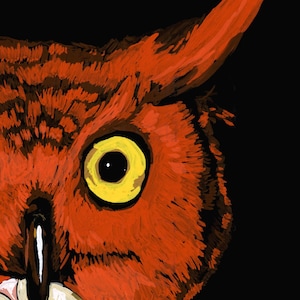 May include: A close-up of an owl's face with a bright yellow eye. The owl is painted in shades of red and orange against a black background. The artist's signature, "Chris Walker", is visible in the lower right corner.
