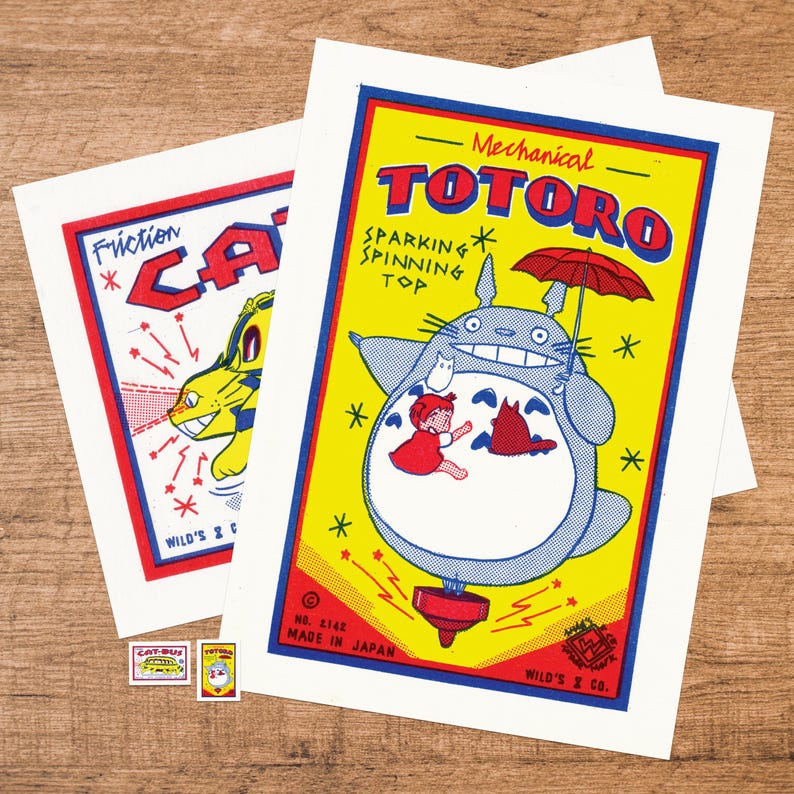My Neighbour Totoro Cat Bus A3 2 x print Bundle Vintage Toy Label poster Gallery Studio Ghibli image 1