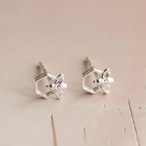 Tiny Bee Stud Earrings, Honey Comb Bee Studs, Delicate Sterling Silver Earrings, Small Studs, Dainty Bee Birthday, Birthday Best Friend Gift