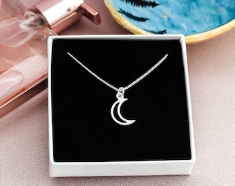 Sterling Silver Crescent Moon Necklace: Celestial Space Jewelry