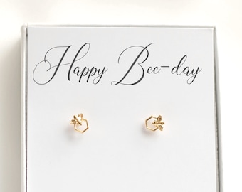 Bee  Earrings, Tiny Studs, Honey Comb Bee Studs, Delicate Gold Earrings, Birthday Bee Day, Dainty Gold Stud Earrings, Stacking Earrings