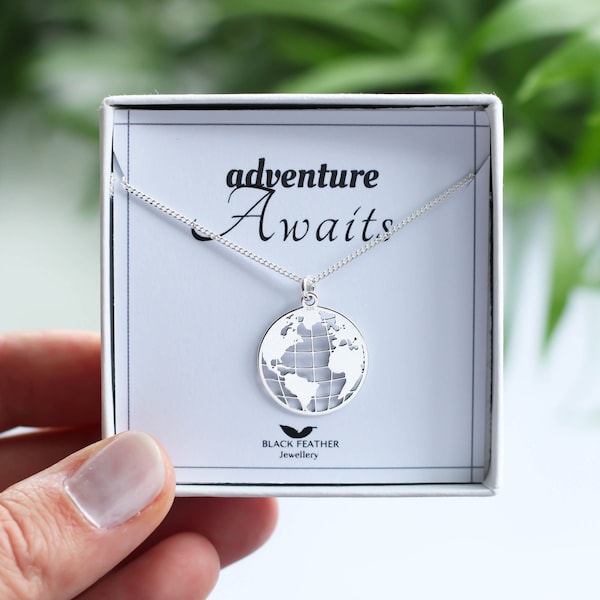 Sterling Silver World Map Necklace: Travel Jewellery Gift, Globe Pendant