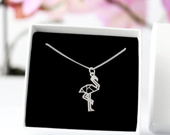 Origami Flamingo Necklace: Sterling Silver Dainty Pendant