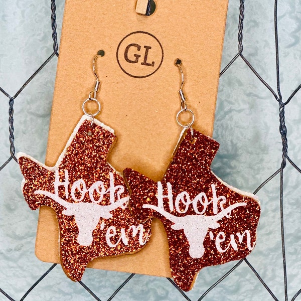 Texas Longhorns Hook ‘Em Earrings, UT Earrings, Texas Earrings, College Football