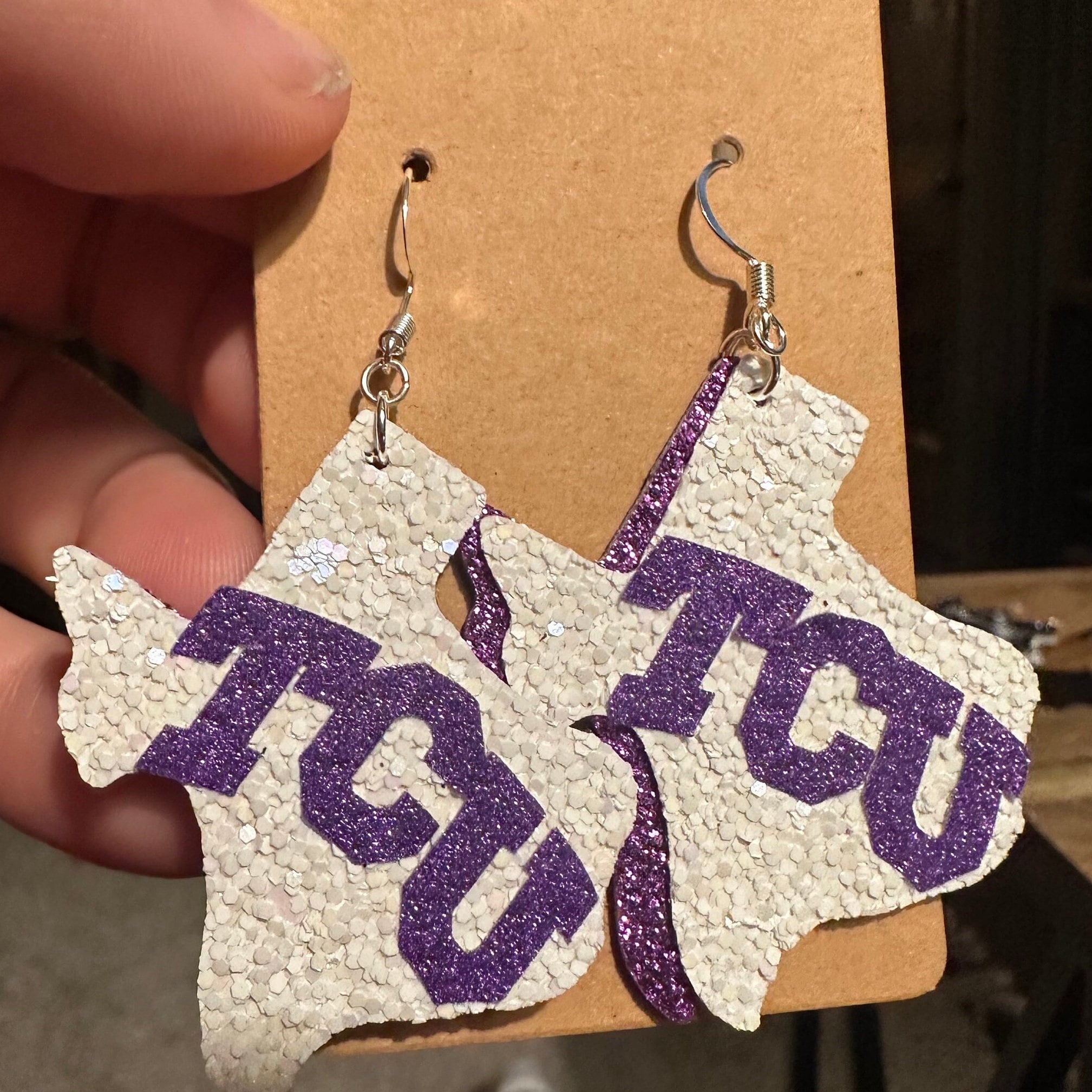 TCU Horned Frogs Earrings: White Glitter Purple Leather