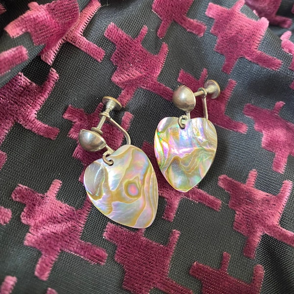 1960s Vintage Abalone Heart Screw Back Earrings