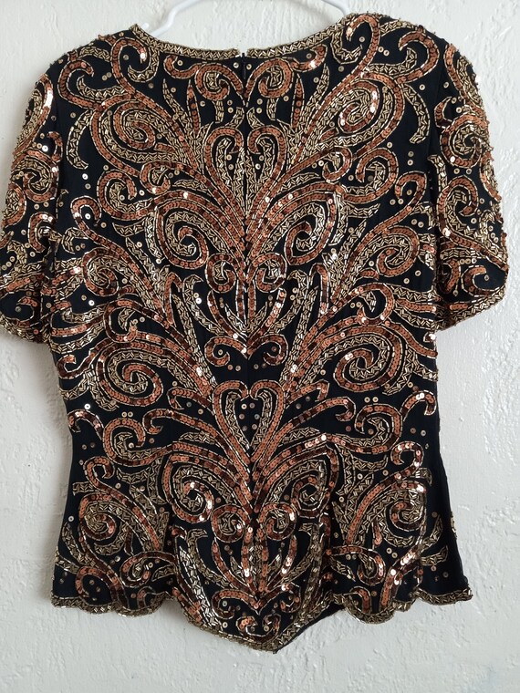 Vintage Sequined Top Paisley Design Gold Copper a… - image 7