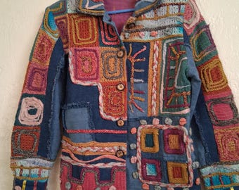 Vtg Sandy Starkman Tan Jacket Womens L Embroidered Embellished