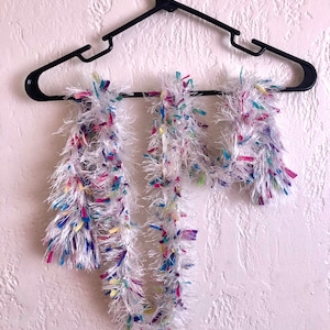 Vintage Y2K White Fuzzy Fairy Scarf with Rainbow Confetti like Pattern, skinny scarf
