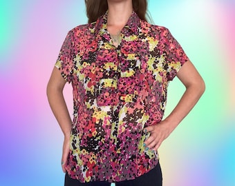 Vintage roze en gele doorschijnende blouse met korte mouwen en bloemen van Worthington