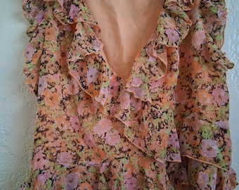 Sleeveless Ruffled Floral Peach Blouse by Open Edit