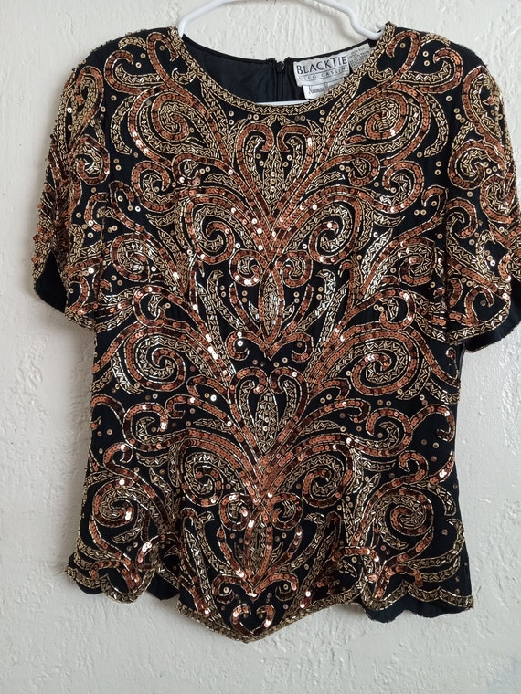 Vintage Sequined Top Paisley Design Gold Copper a… - image 1