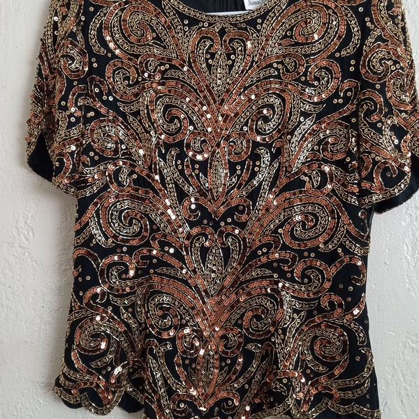 Vintage Sequined Top Paisley Design Gold Copper and Black by Oleg Cassini