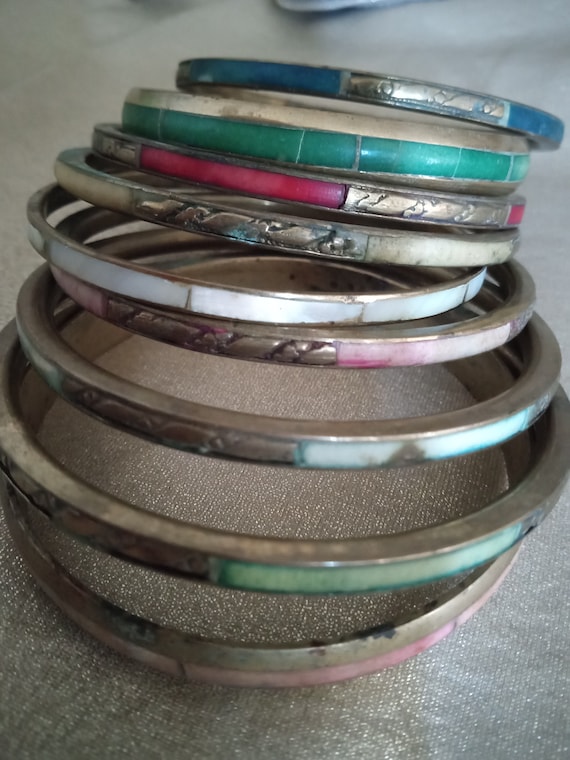 Vintage set of 9 brass and enamel bangle bracelets