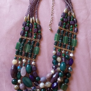 Vintage BoHo Hippie Queen Purple Beaded Necklace, Multistrand with Mermaid Hues.