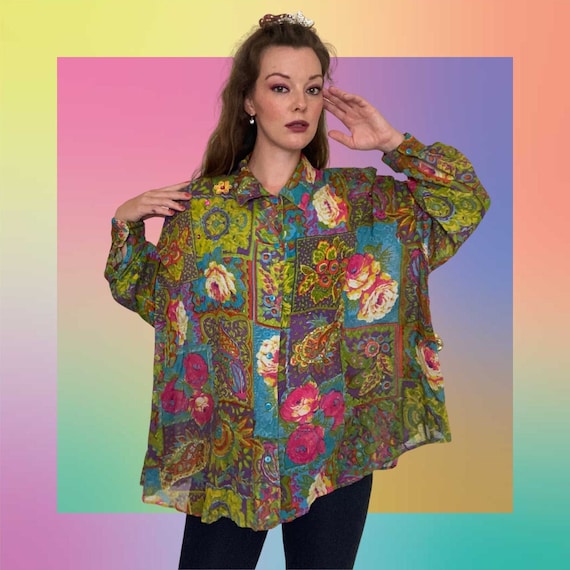 Vintage 1980s / 1990s Tribes Floral Blouse - image 1