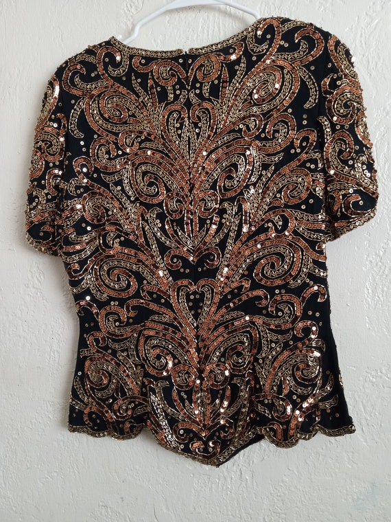 Vintage Sequined Top Paisley Design Gold Copper a… - image 5